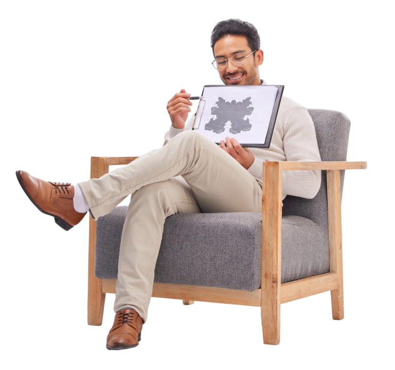 psychology psychologist man with rorschach test diagram clipboard studio isolated white background therapist consultant happy male sitting chair with document inkblot exam